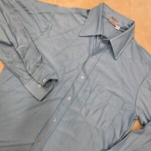 Vintage 70s Slate Blue Button Up Dress Shirt Disco Pointed Dagger Collar Nylon